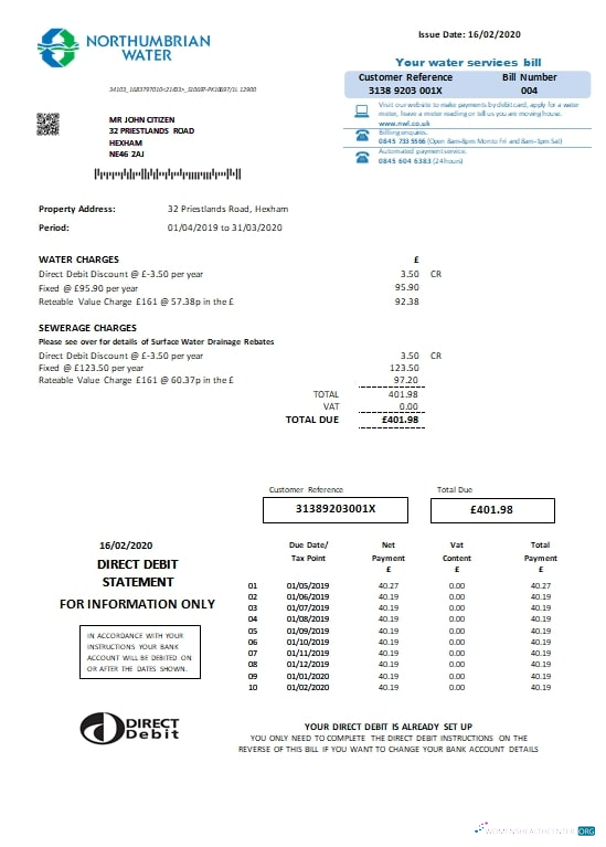 download United Kingdom Northumbrian Water utility bill template in Word and PDF format, version 2 PDF template